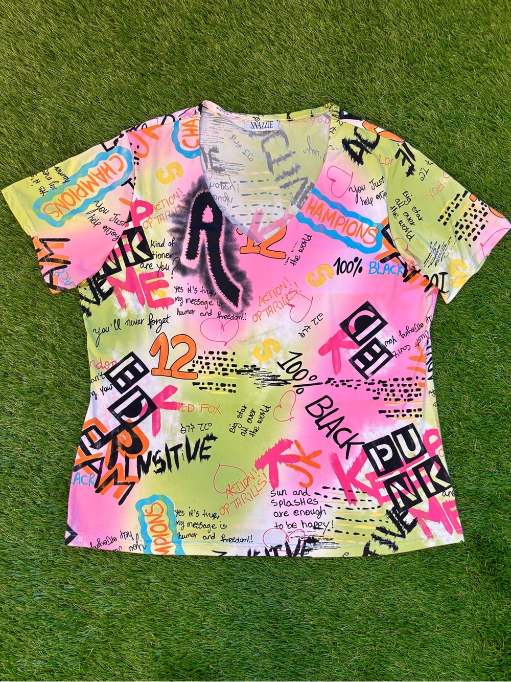 Snazzie Y2K Multicolor Graffiti Graphic V-Neck Top Medium